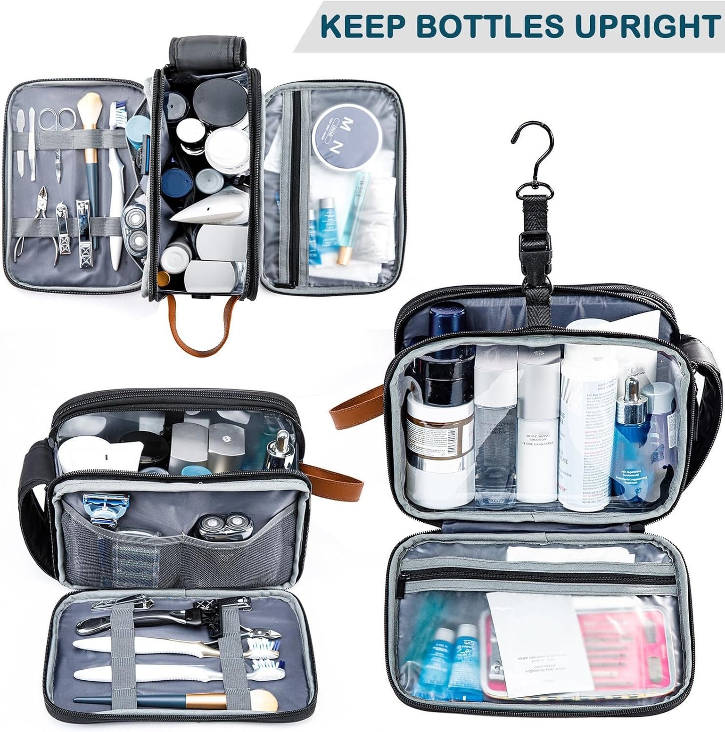 BAGSPRITE Toiletry Bag for Men, Women Travel Bag with Hanging Hook, Water-resistant Makeup Cosmetic Bag Shaving Kit Organizer, Bathroom Bag for Traveling, Black Brown, â… - Medium
