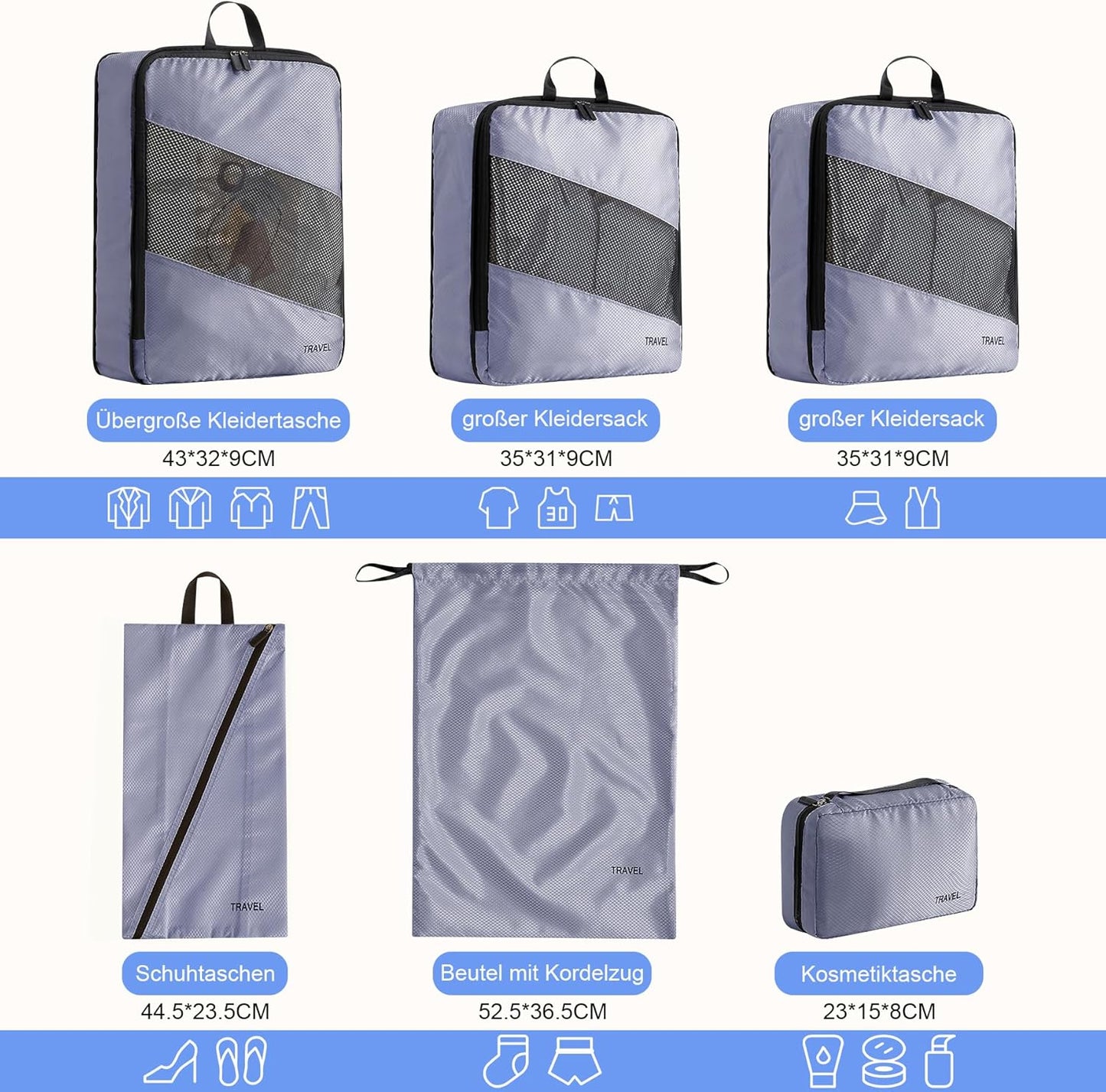 Packing Cubes Compression 6 Pack Compression Backpack Suitcase Organizer Ultralight Expandable Suitcase Organizer Travel Cubes Grey