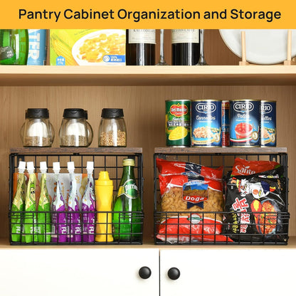 Wetheny 2pcs Fruit Basket Onion Storage Wire Basket with Wood Top- Wall Mounted & Stackable Kitchen Counter Organizer,Cabinet Organizer Bin for Potato,Produce,Bread,Snack Storage(Matte Black)