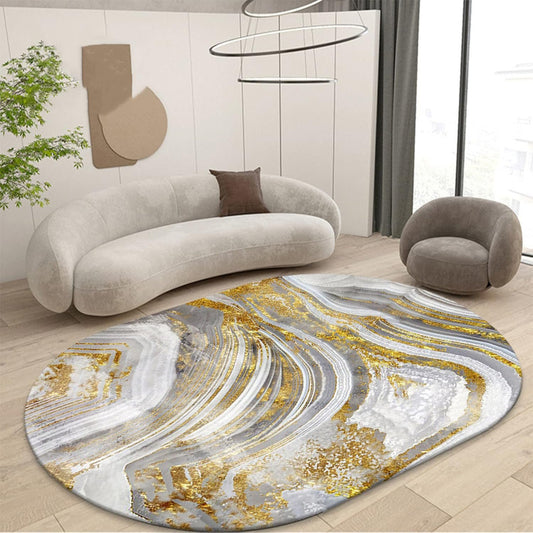 Oval Rug Living Room Rugs Non-Slip Washable Modern Carpets Home Decor, Abstract Sea Water Grey Gold, 70 x 140 cm