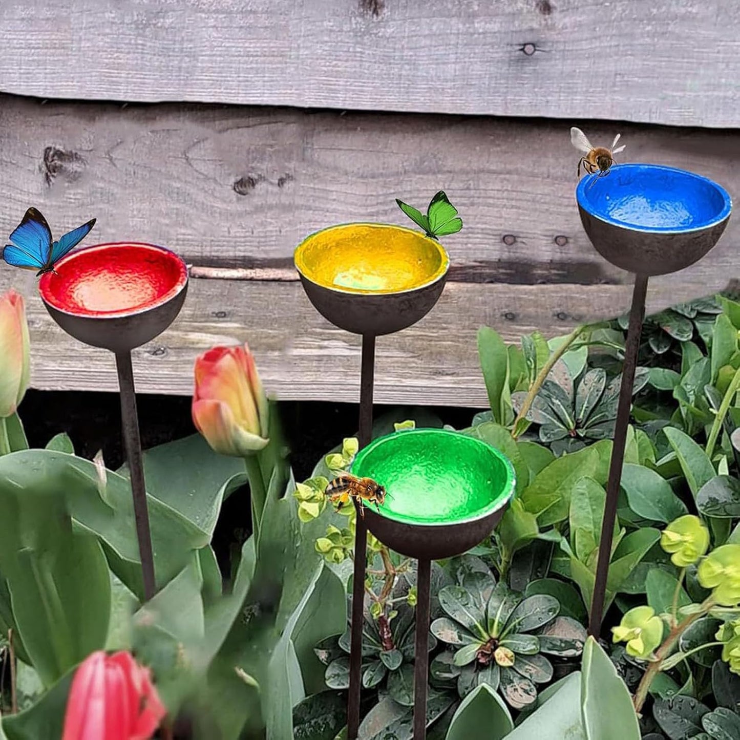 Bee Watering Stations,4 Pack Standing Water Dispenser - Rustproof Metal Stake Feeder, Watering Bath Bowl, Pollinator Feeding Tool for Outside Use