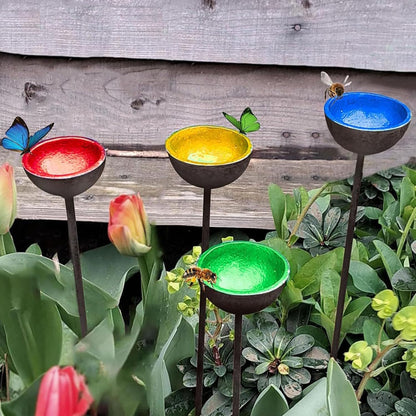 Bee Watering Stations,4 Pack Standing Water Dispenser - Rustproof Metal Stake Feeder, Watering Bath Bowl, Pollinator Feeding Tool for Outside Use