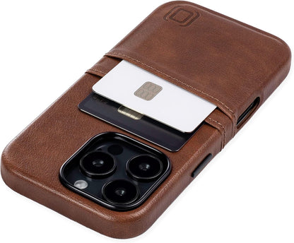 Dockem Card Case for iPhone 16 Pro with Built-in Metal Plate for Magnetic Mounting & 2 Card Holder Pockets: M2 Exec Premium Synthetic Leather Wallet Case (Brown)