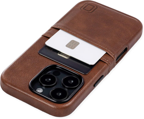 Dockem Card Case for iPhone 16 Pro with Built-in Metal Plate for Magnetic Mounting & 2 Card Holder Pockets: M2 Exec Premium Synthetic Leather Wallet Case (Brown)