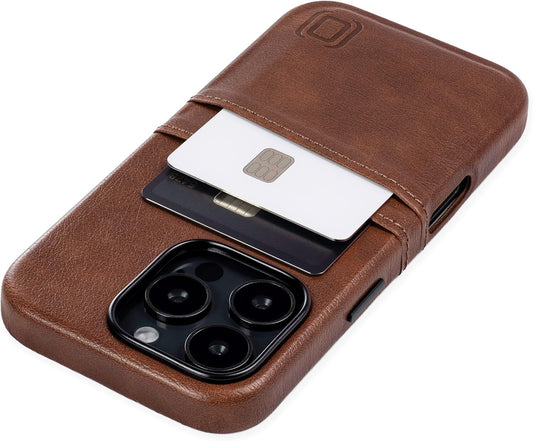 Dockem Card Case for iPhone 16 Pro with Built-in Metal Plate for Magnetic Mounting & 2 Card Holder Pockets: M2 Exec Premium Synthetic Leather Wallet Case (Brown)