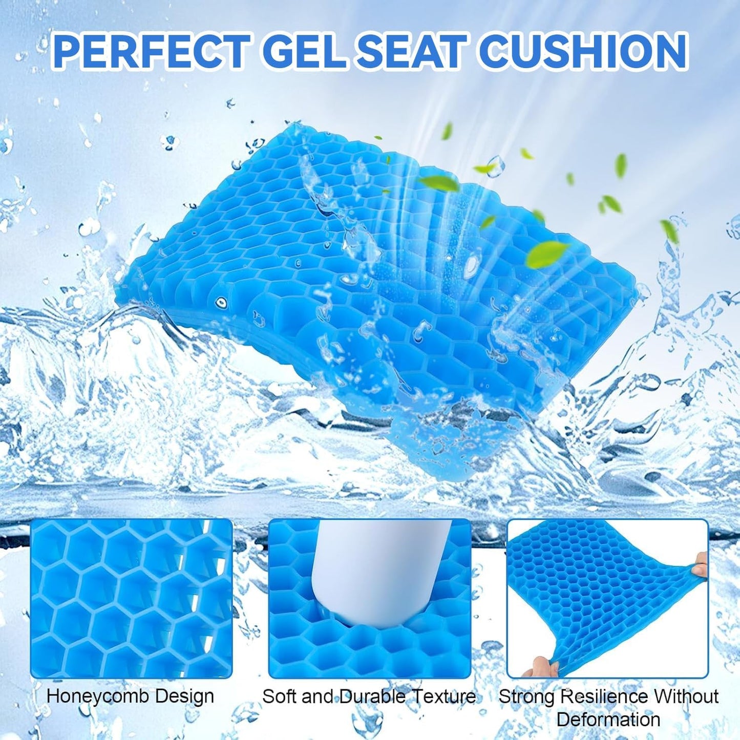 Gel Seat Cushion for Long Sitting, Foldable Seat Cushion for Pressure Relief, Breathable Honeycomb Gel Seat Soft & Cool, Portable Travel Car Cushion with Non-Slip Cover for Home Office
