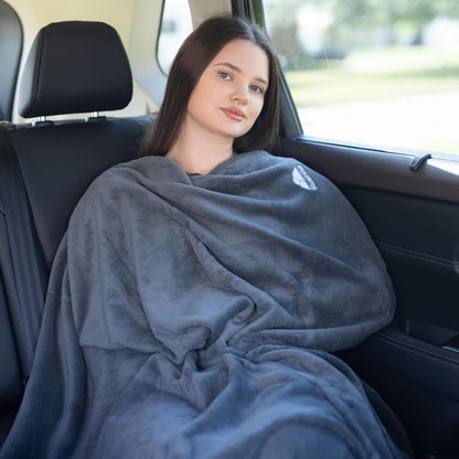 BlueHills Premium Soft Travel Blanket Pillow Airplane Flight Blanket throw in Soft Bag Pillow case with Hand Luggage Belt and Backpack Clip Compact Pack Large Blanket for Travel Grey Color (Gray T007)