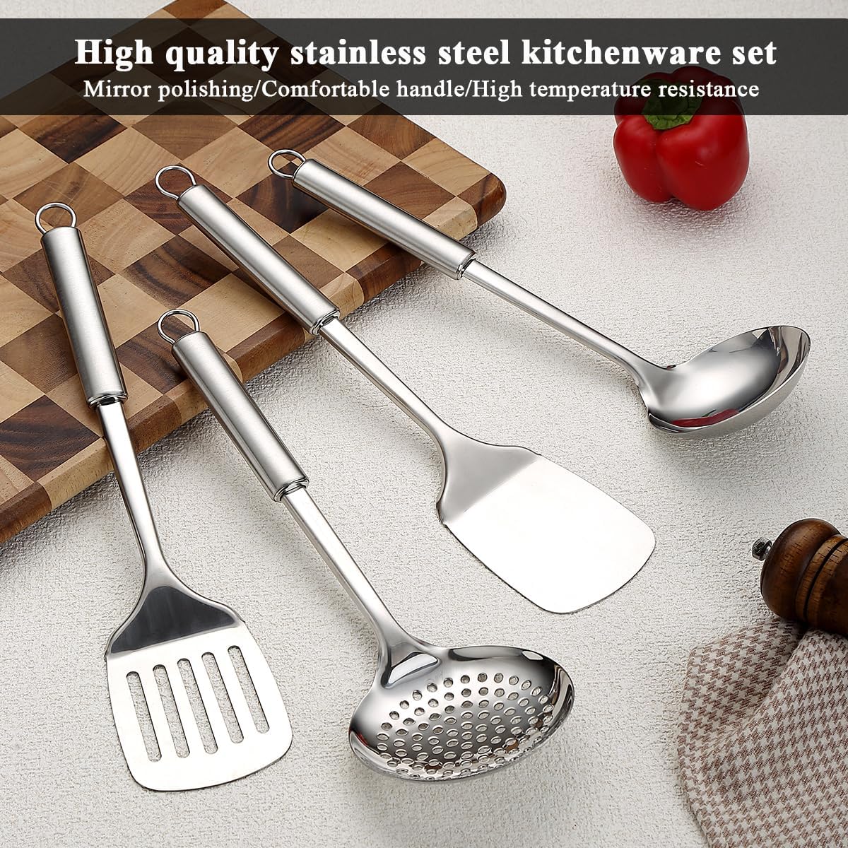 ReaNea Stainless Steel Cooking Utensils Set 4 Pieces, Kitchen Tools Set Include Metal Spatula Set, Kitchen Skimmer, Soup Ladle, Kitchen Gadgets Essentials New Home Must Have