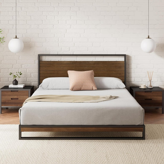 Zinus Ironline Industrial Queen Bed Frame Base, Metal Pine Heavy Solid Wood Suzanne Mattress Platform Base Support, Bedroom Furniture, Easy Assembly