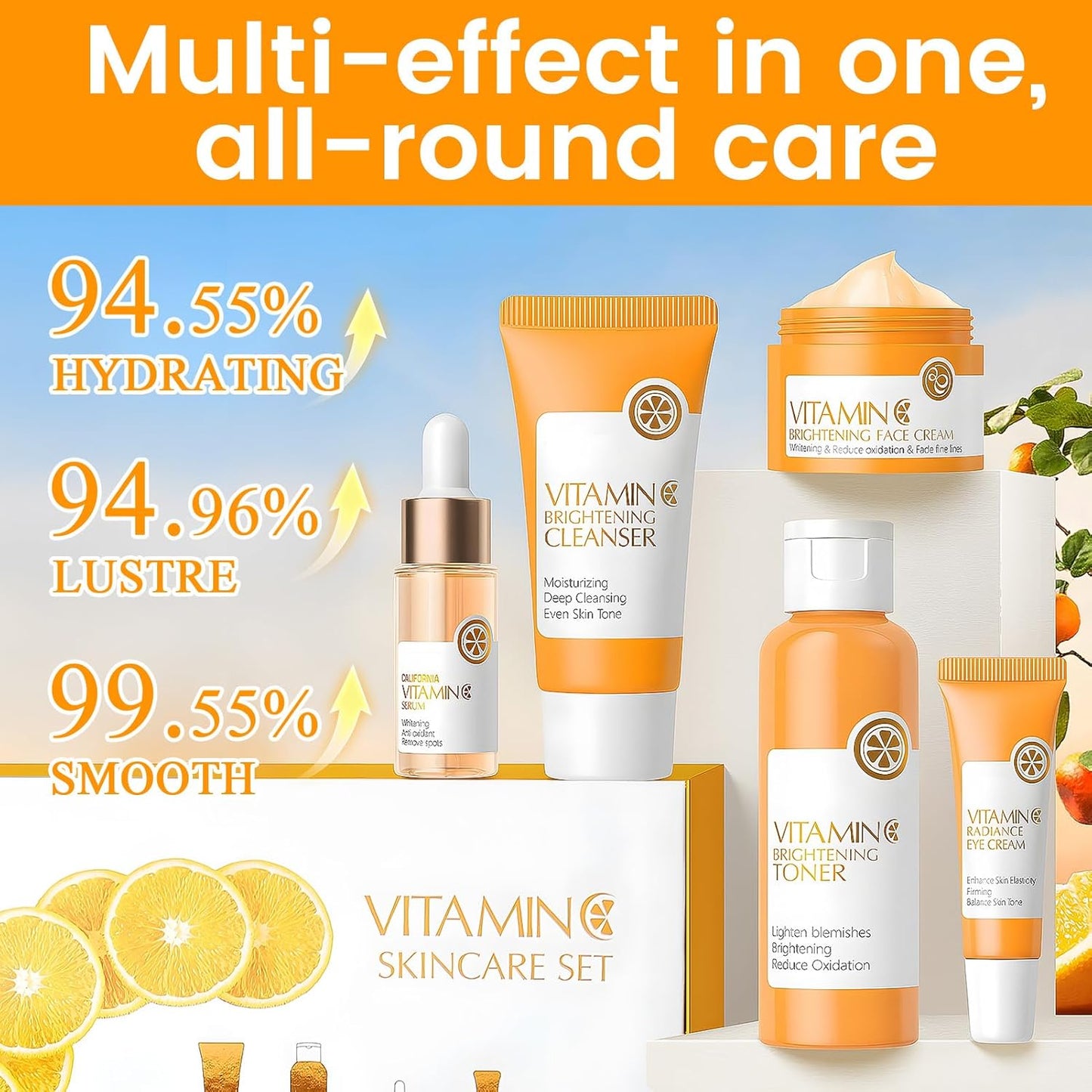 Vitamin C Skin Care Kit, 5 Piece Skincare Kit with Vitamin C Cream, Cleanser, Eye Cream, Serum, Tonic, Full Face Skincare Kit for Radiant Skin