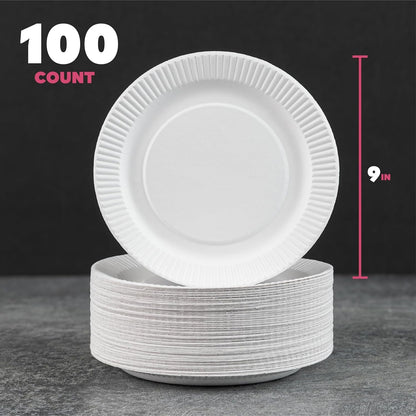 Paper Plates - [100-Pack] - (9-Inch Round) - Lightweight Uncoated 9 Inch Disposable Paper Plates - for Crafts, Events, Projects, Dry Foods & General Use