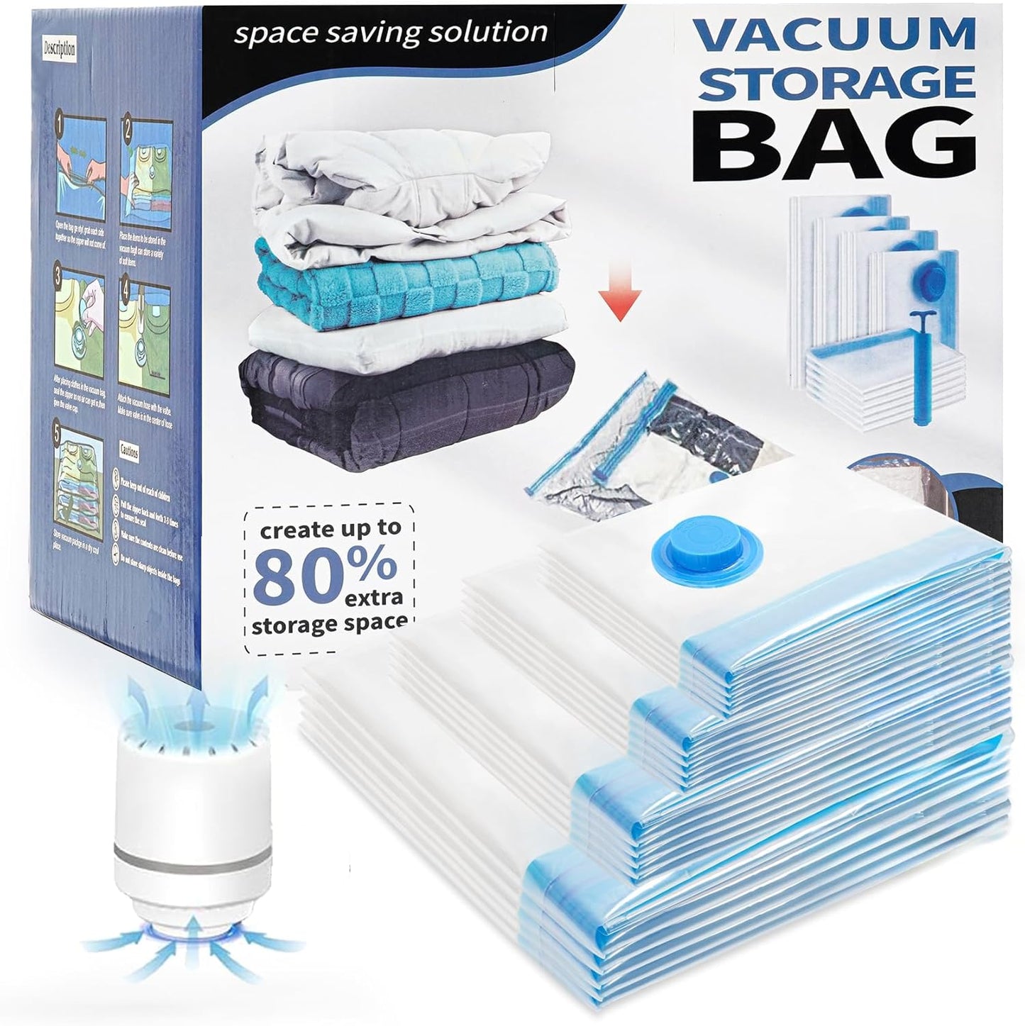 20 Pack Vacuum Storage Bags with Electric Air Pump(4 Jumbo,5 Large,5 Medium,6 Small),Multi-Size Space Saver Bags for Clothes, Pillows,Comforter,Bedding & Travel Organization,Moving Home Storage