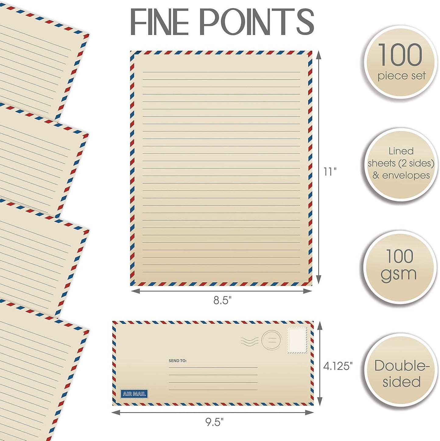 Better Office Products Vintage Airmail Stationery Paper Set, 100-Piece Set (50 Lined Sheets + 50 Matching Envelopes), Letter Size 8.5 x 11 inch, Double Sided & Lined Paper, by