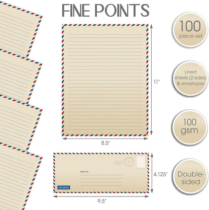 Better Office Products Vintage Airmail Stationery Paper Set, 100-Piece Set (50 Lined Sheets + 50 Matching Envelopes), Letter Size 8.5 x 11 inch, Double Sided & Lined Paper, by