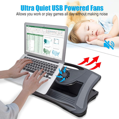 Gaming Laptop Desk Car Stand - Cushioned Cooling Pad Adjustable for Universal Couch Office Use w/ Right Left Mouse Tray and Fan