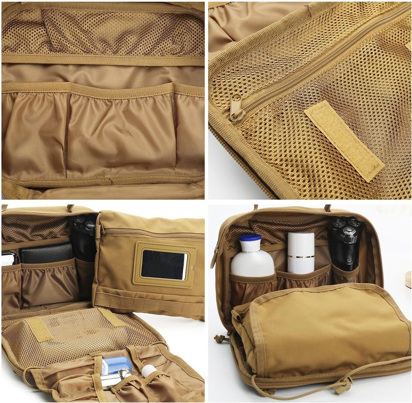 SMONT Tactical Toiletry Bag for Men, 9.5" Hanging Dopp Kit Shaving Hygiene Bag for Traveling Bathroom, Brown, Multifunctional