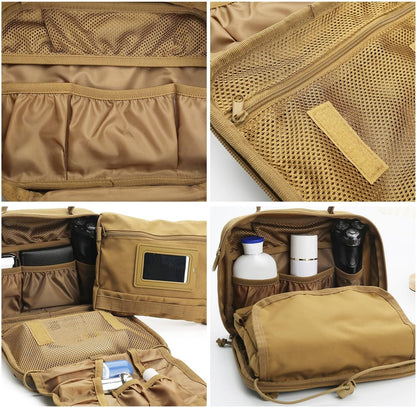 SMONT Tactical Toiletry Bag for Men, 9.5" Hanging Dopp Kit Shaving Hygiene Bag for Traveling Bathroom, Brown, Multifunctional