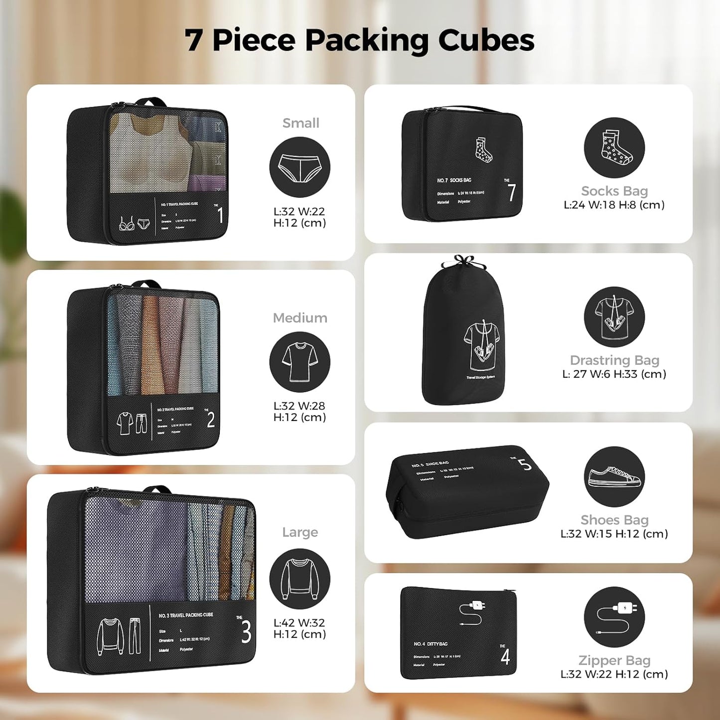 Yomisee Packing Cubes Set of 7 Suitcase Organizer, Travel Cube Set, Travel Organizer, Travel Bag (Black)