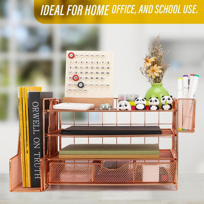 Soilsiu Desk Organizer, Office Desk Accessoreis with Drawer, 4-Tier Dorm Room Essentials for College Students, Pen Holders, Office Supplies Paper File Organizer for Desk, Rose Gold