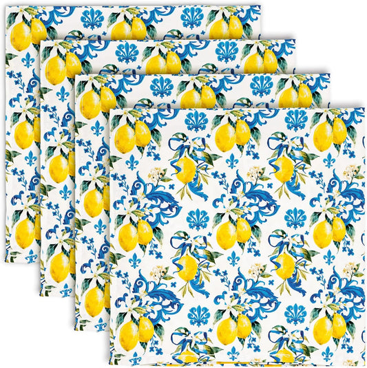 Whaline Lemon Cloth Napkin Italian Lemon Blue Tiles Reusable Dinner Napkin 18 x 18 Inch Kitchen Table Top Collection for Party Dining Table Decor, Set of 4