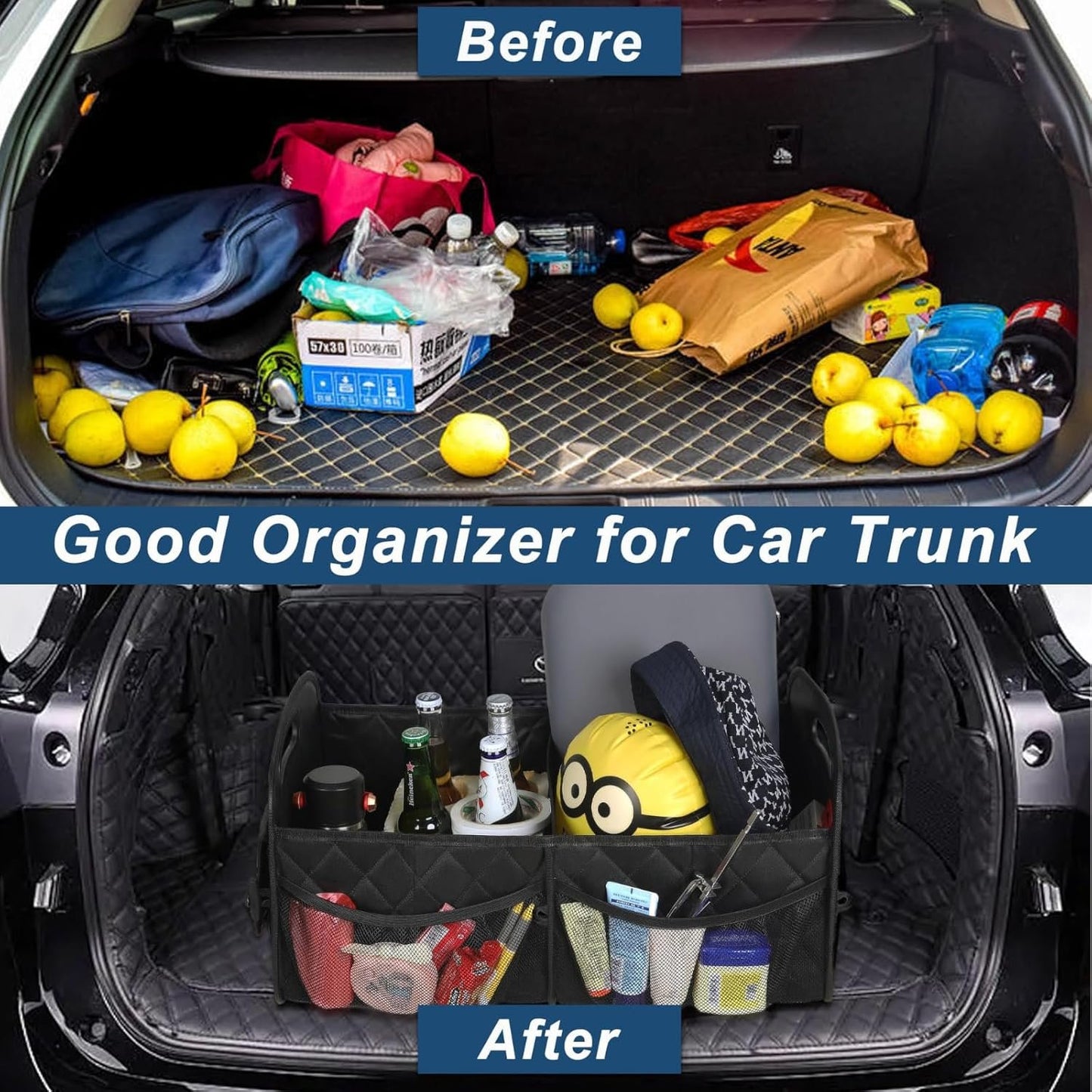 Car Trunk Organizer for SUV, 50L Waterproof Storage with 6 Pockets, Car Accessories for Women/Men, Black Polyester Organizer
