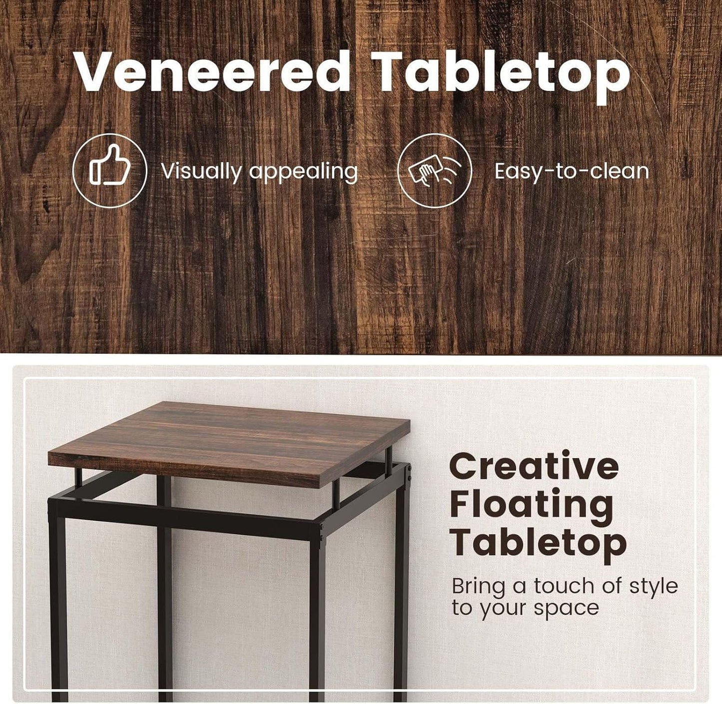 Costway 3 Pieces Bar Table Set, Square Counter Height Table with Stools, Floating Tabletop & Footrest, Industrial Pub Table Set for Small Space, Breakfast Nook, Kitchen, Rustic Brown