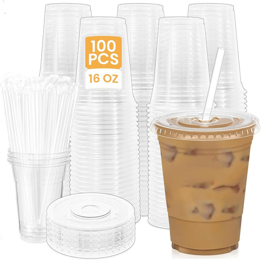 100Pcs 16 oz Plastic Cups with Lids and Straws, Disposable Clear Plastic Cups with Lids for Iced Coffee (16 oz)-Praty-Wedding-Celebration