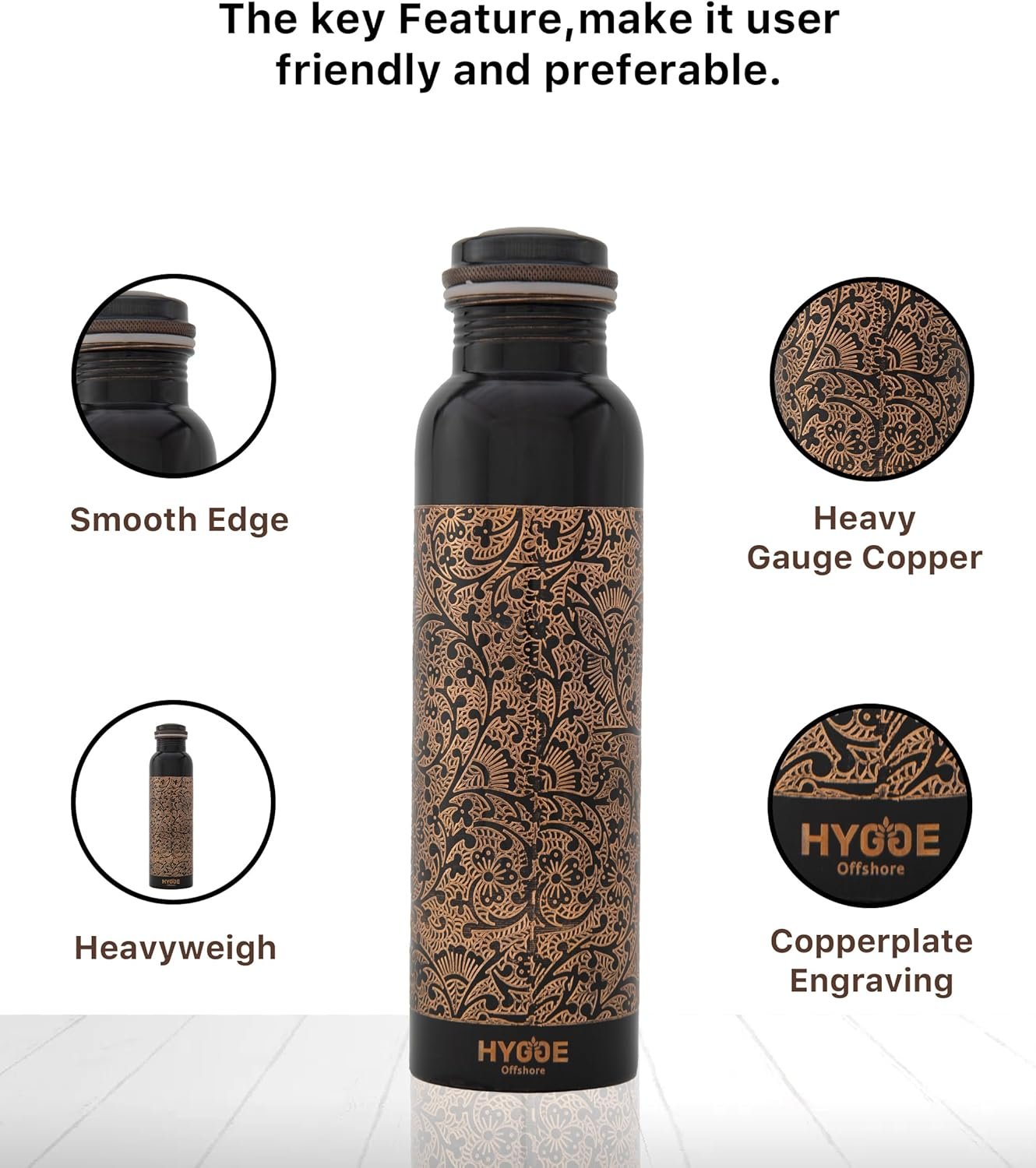 HYGGE 34oz (1L) Pure Copper Water Bottle – Ayurvedic Copper Bottle with Lid – Leak-Proof, Antique Embossed Design – Travel Water Bottle for Gym, Office, Hiking, Yoga – Eco-Friendly Drinkware