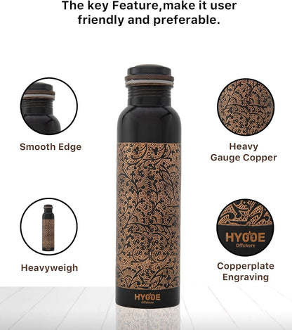 HYGGE 34oz (1L) Pure Copper Water Bottle – Ayurvedic Copper Bottle with Lid – Leak-Proof, Antique Embossed Design – Travel Water Bottle for Gym, Office, Hiking, Yoga – Eco-Friendly Drinkware