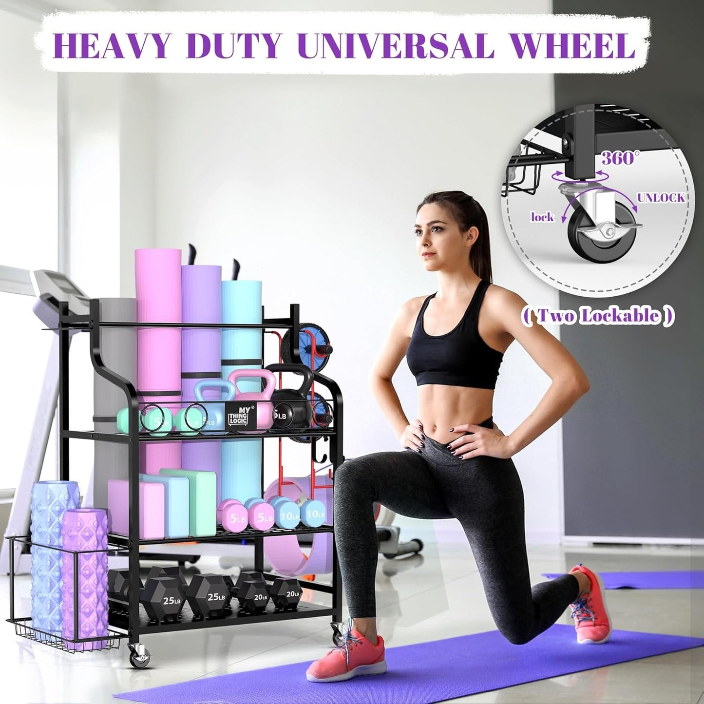 Mythinglogic Yoga Mat Storage Racks, Home Gym Storage Rack for Foam Roller, Resistance Band, Dumbbell, Kettlebell, Yoga Mat Holder, Workout Equipment Storage Organizer with Wheels and Hooks