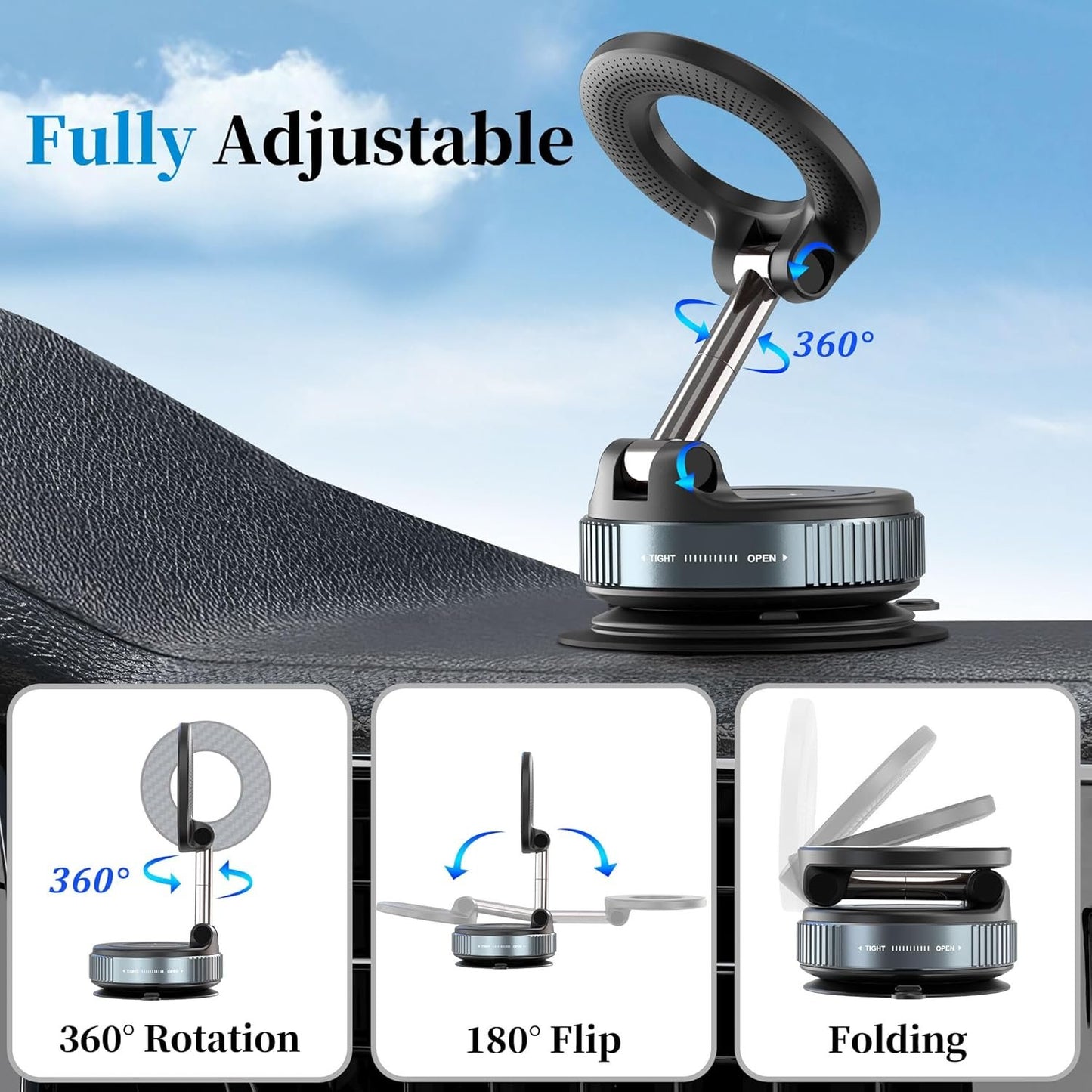 PlusAcc Vacuum Magnetic Car Phone Holder - Suction Cup Phone Mount 360° Rotatable Foldable Portable Strong Magnet Stand for iPhone 16/15/14/13 & Samsung in Gym, Mirror,Smooth Surface, All Vehicles