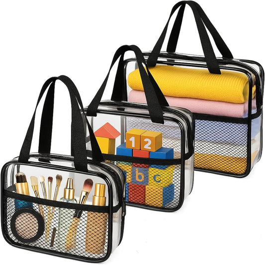 Clear Travel Toiletry Bags, XEWEA 3 Pack TSA Approved Transparent Makeup Bag for Men Women, Large Waterproof PVC Quart Organizer Kit with Zipper for Toiletries Airline Essentials,Toy Storage Pouch