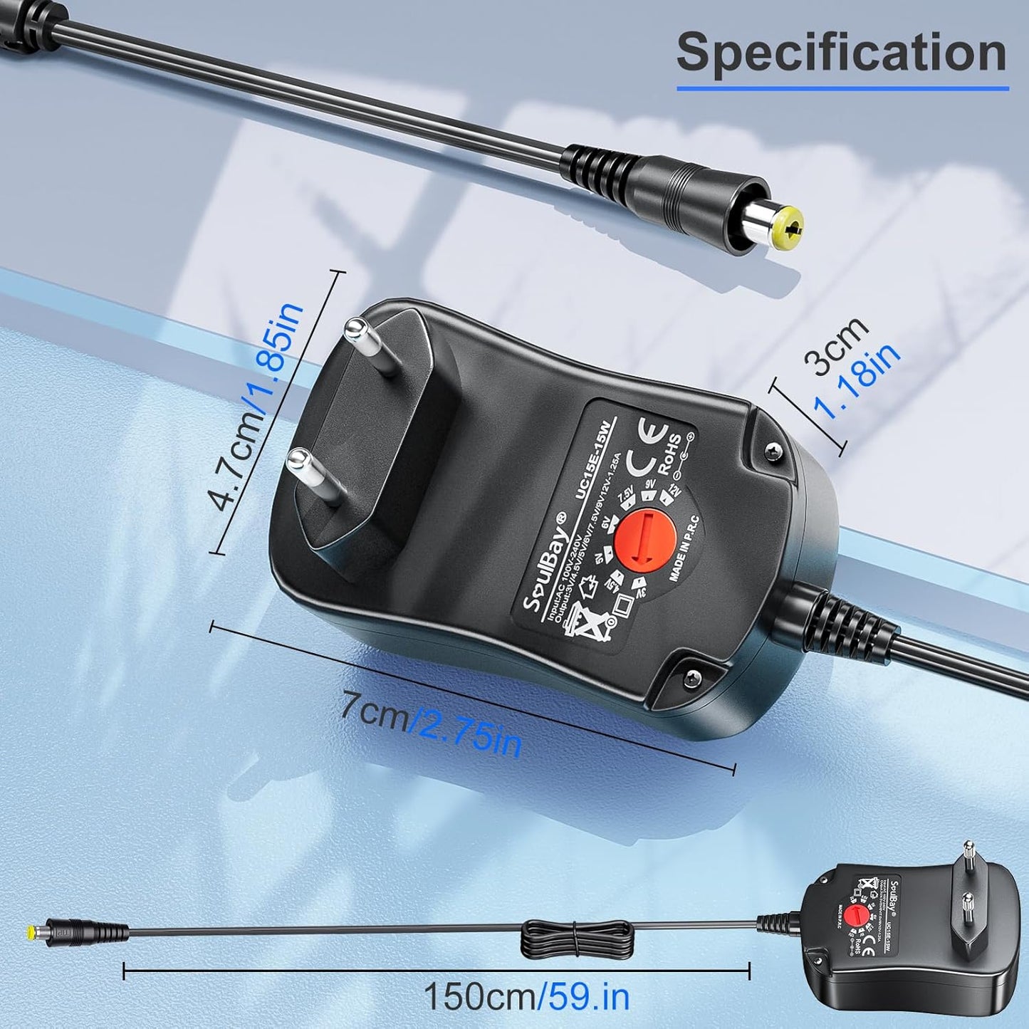 SoulBay 3V 4.5V 5V 6V 7.5V 9V 12V 1000mA Universal AC/DC Adapter with 8 Selectable Adapters for Home Electronics 3-12V - 150cm Charging Cable