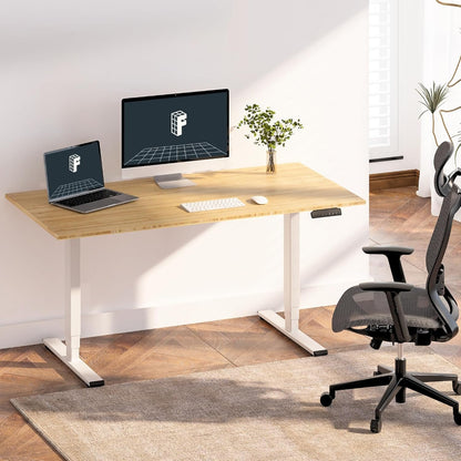 FLEXISPOT E6 Essential Bamboo 3 Stages Dual Motor 78x30 Inch Electric Height Adjustable Standing Whole-Piece Board Desk Sit Stand Up Desk (White Frame + Bamboo Desktop)