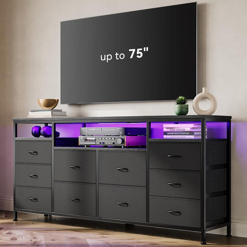 TV Stand with 10 Fabric Drawers for 65 70 75 Inches TV, 63" W Entertainment Center TV Console Table with LED Lights & Power Outlets & Open Storage Shelves