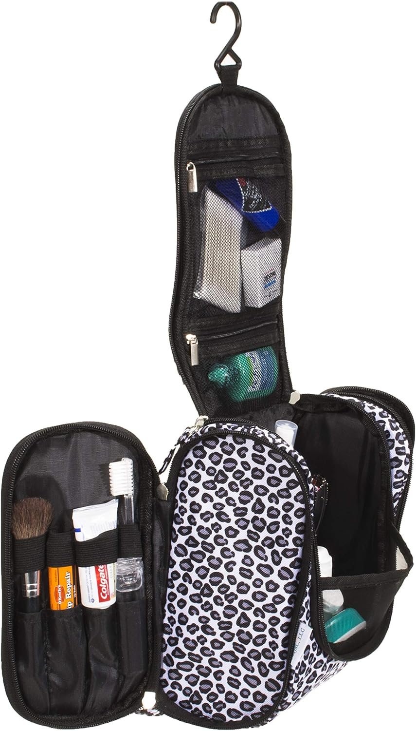 DMJSL Womens Hanging Toiletry Bag - Travel Makeup Organizer and Cosmetic Case, TSA Approved, Black Leopard Print