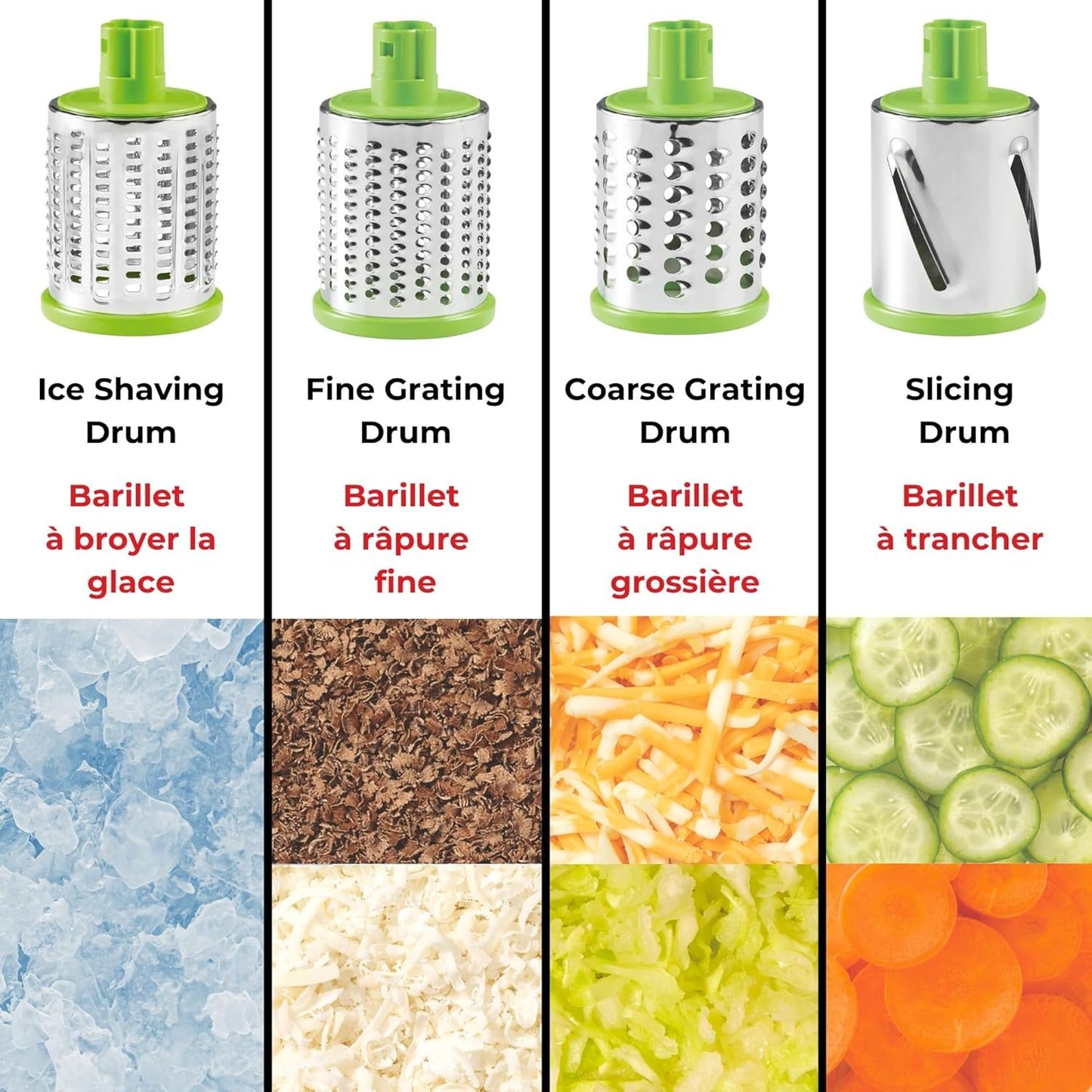 Starfrit Rotary Drum Grater - 4 Interchangeable Stainless Steel Drums - Slicing, Coarse and Fine Grating, Ice Shaving - Great for Vegetables, Cheese, Nuts, Chocolate