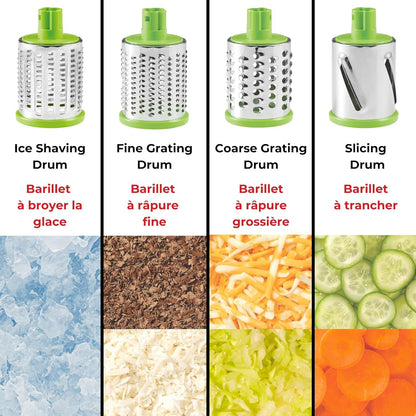 Starfrit Rotary Drum Grater - 4 Interchangeable Stainless Steel Drums - Slicing, Coarse and Fine Grating, Ice Shaving - Great for Vegetables, Cheese, Nuts, Chocolate