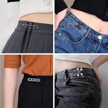 6 Set Pant Waist Tightener Buttons Pins for Loose Jeans Reusable Waist Cincher Clip Metal Brooch for Clothing Dresses Skirts No Sewing Decoration Accessories（Black+Silver