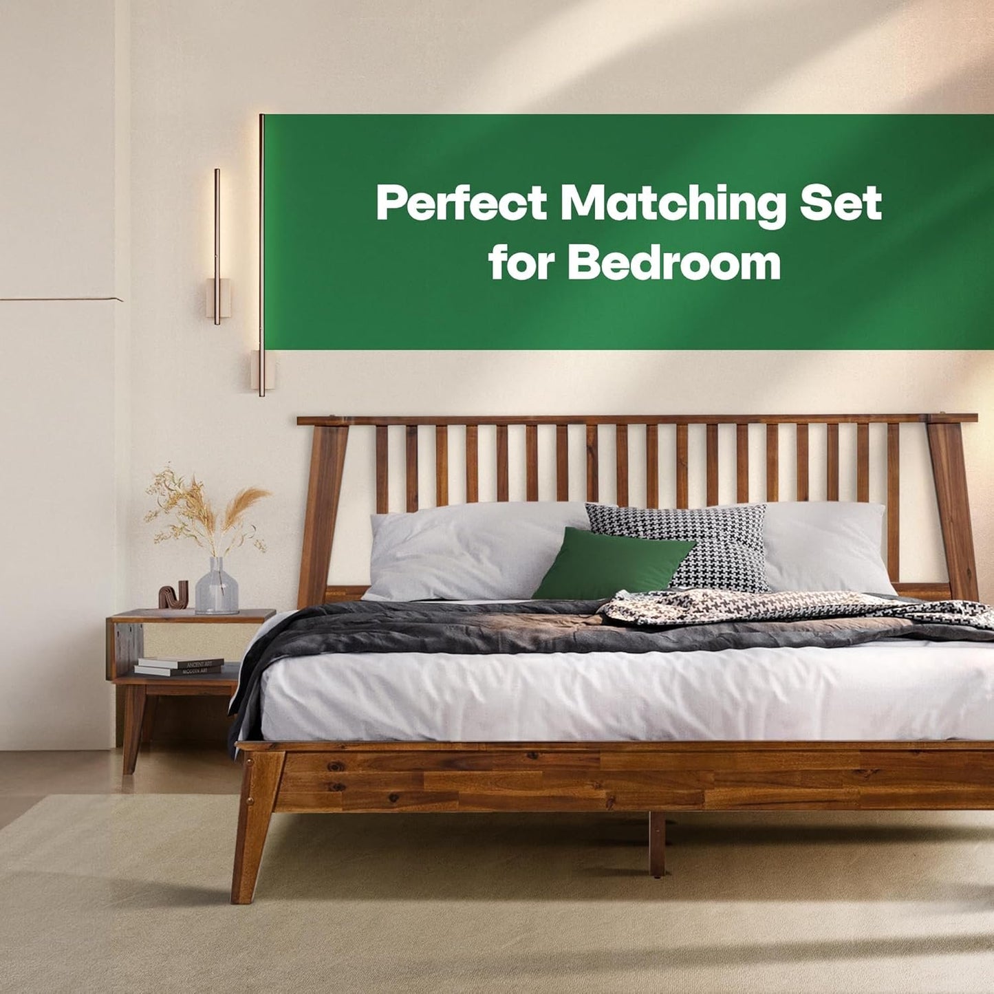 Acacia Kaylin King Solid Wood Platform Bed Frame – Gift Matching Nightstand Included, Mid Century Modern, Walnut Finish, 800 lbs Capacity, No Box Spring, Storage, Easy Assembly