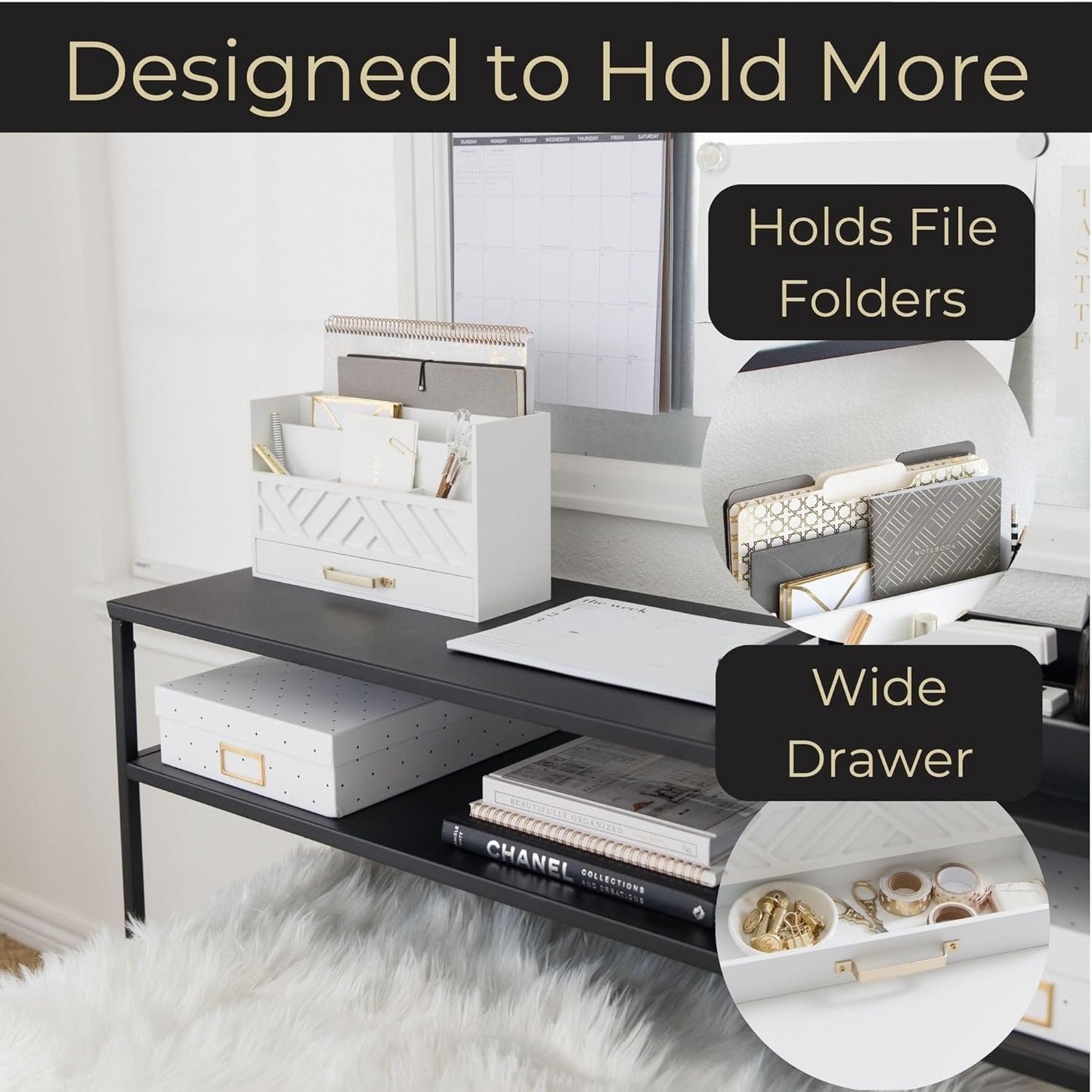 BLU MONACO White Wooden Mail Organizer with Drawer and Gold Handle – Desk Accessories for Office Organization and Storage – Home, Office, and Classroom Supplies