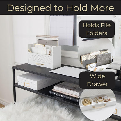 BLU MONACO White Wooden Mail Organizer with Drawer and Gold Handle – Desk Accessories for Office Organization and Storage – Home, Office, and Classroom Supplies