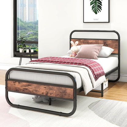 HAHRIR Metal Black Bed Frame with Wooden Headboard and Footboard, Heavy Duty Oval-Shaped Platform Bed with Under-Bed Storage, Steel Slats Mattress Foundation Round Pipe Design(Twin XL Size，Brown
