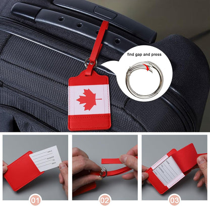 4 Pack Canadian Flag Luggage Tags, Anyos PU Leather Travel Bag Labels Suitcase Baggage Tags with Name ID Card Privacy Protection(Red)