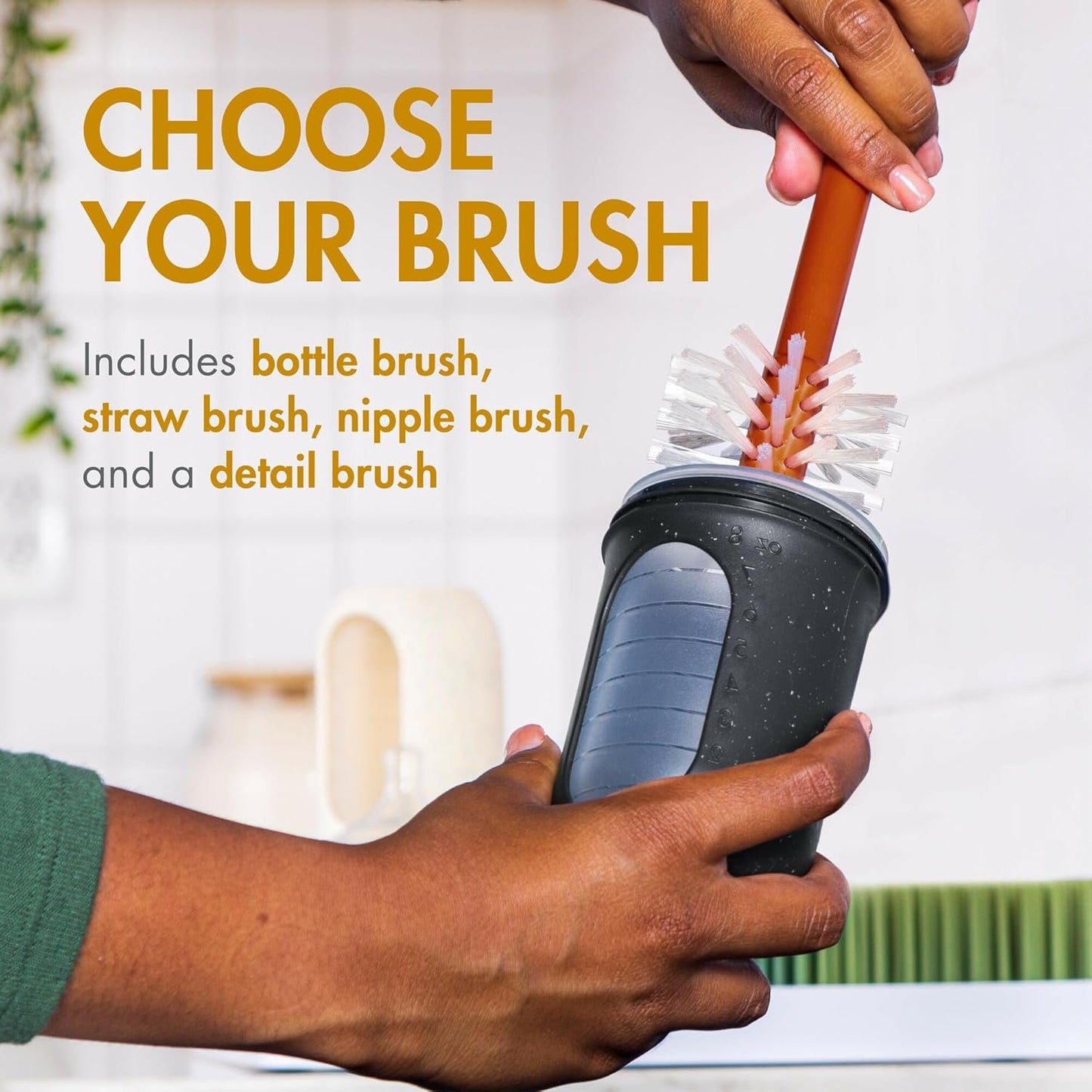Boon Mod Baby Bottle Brushes - Includes Bottle Cleaner Brush, Straw Cleaner Brush, Nipple Brush and Detail Brush for Baby Bottles - Baby Bottle and Straw Brush Cleaning Set - Deco - 4 Count