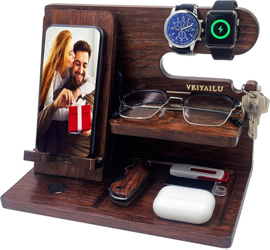 VEIYAILU Gifts for Men Women Brother Boss Boyfriend Him Nightstand Organizer Gifts for Dad from Daughter Son Wood Phone Docking Station (Dark Brown)
