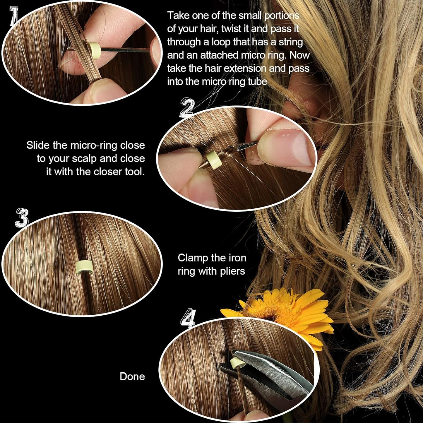 Chuangdi Hair Extension Tools Kit, 600 Silicone Lined Micro Ring Beads 1 Pliers 2 Hook Needle Pulling Loop 10 Curved Hair Needle 4 Alligator Clips 1 Comb 100 Black Mini Rubber Band