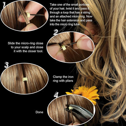 Chuangdi Hair Extension Tools Kit, 600 Silicone Lined Micro Ring Beads 1 Pliers 2 Hook Needle Pulling Loop 10 Curved Hair Needle 4 Alligator Clips 1 Comb 100 Black Mini Rubber Band