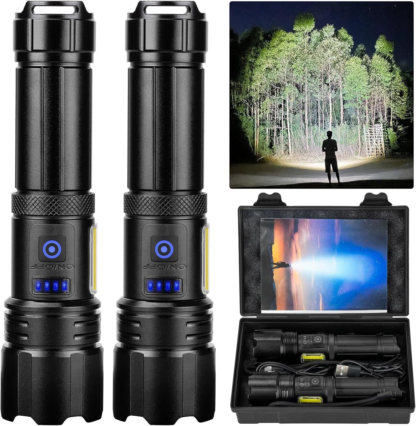 Sigoobal Rechargeable Flashlight, 2 Pack 900000 High Lumens Super Bright Flash Light, 7 Modes with COB Work Light, IPX6 Waterproof, Powerful Handheld LED Flashlights for Camping, Hiking