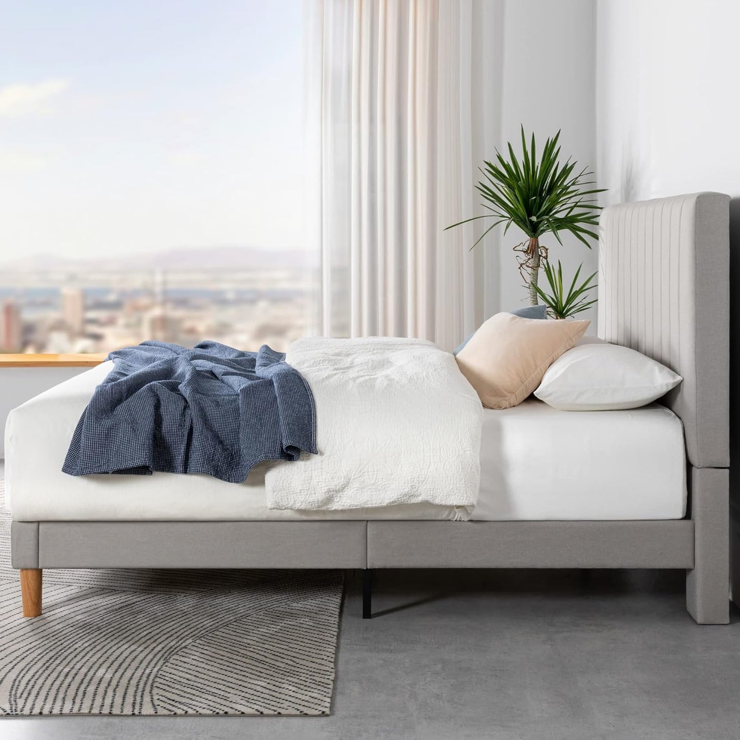 Zinus Queen Bed Frame DEBI Fabric Platform Light Grey Base Mattress, Tall Headboard, Wooden Slat Support Steel, Bedroom Furniture